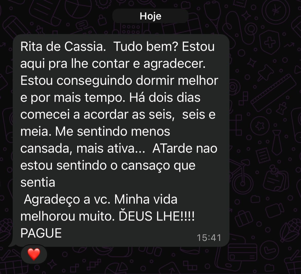 Depoimento de cliente sobre melhora da sensação de cansaço